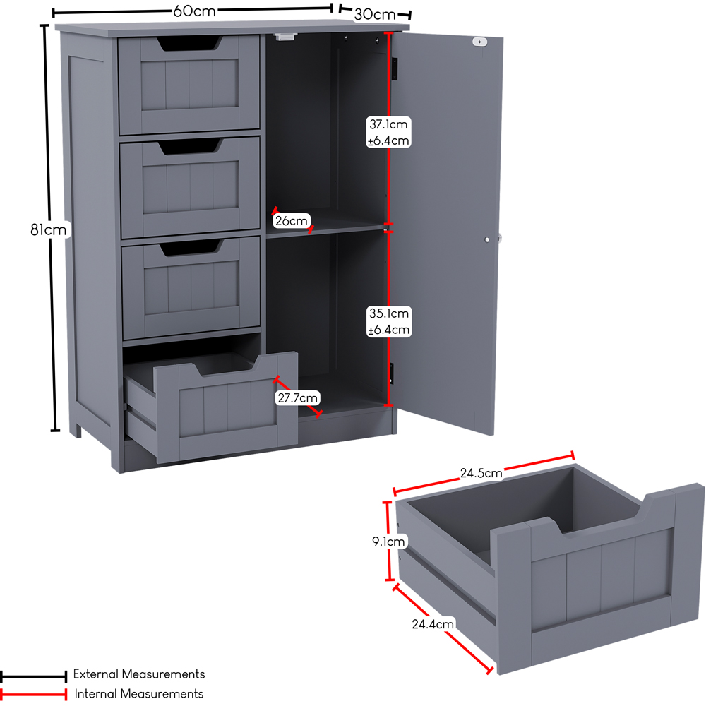 Bath Vida Priano Single Door 4 Drawer Grey Bathroom Cabinet Image 7