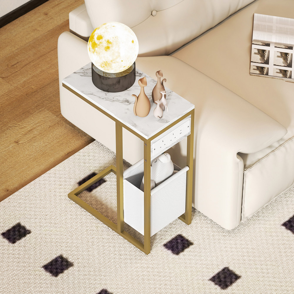 HOMCOM Faux Marble C-Shape Side Table with Charging Station and Storage Bag Image 4