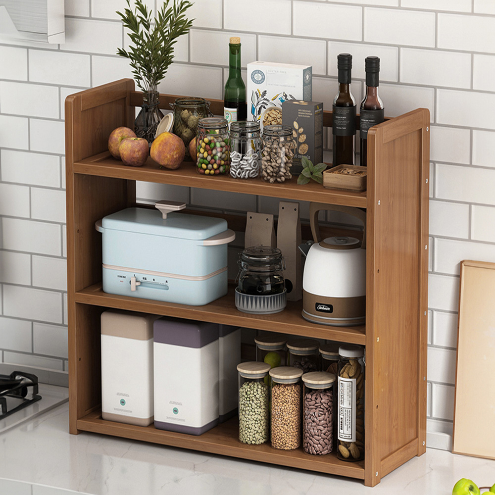 Living and Home 3 Shelf Brown Bamboo Desktop Bookshelf with Guardrail ...