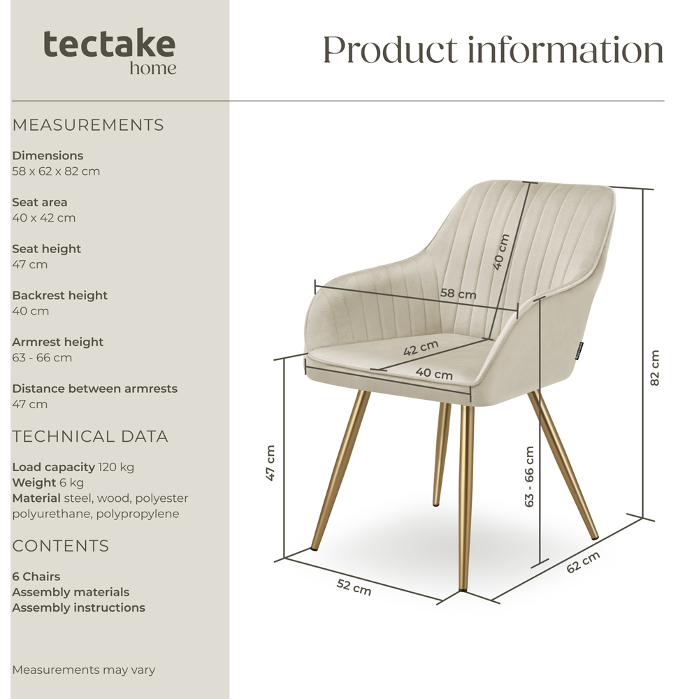 tectake Marilyn Set of 6 Cream Gold Quilted Velvet Dining Chair Image 9