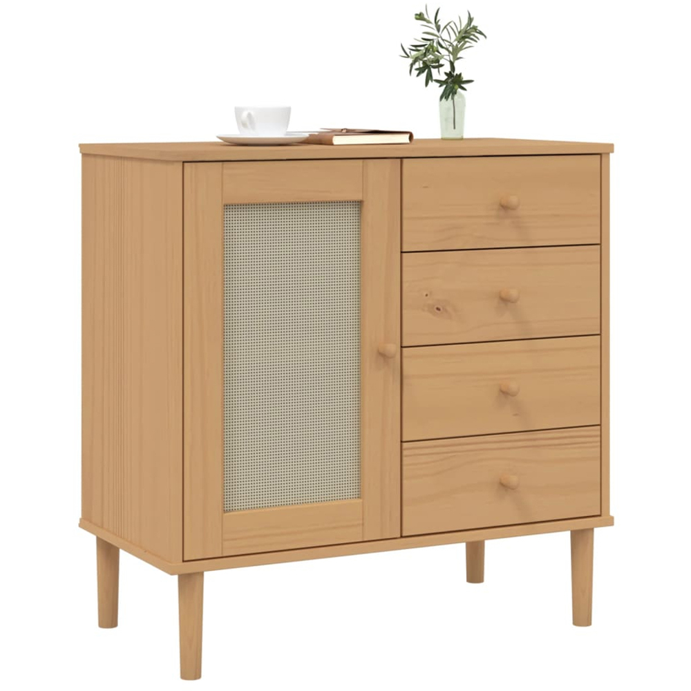 vidaXL Single Rattan Door 4 Drawer Brown Pine Wood Sideboard Image 3