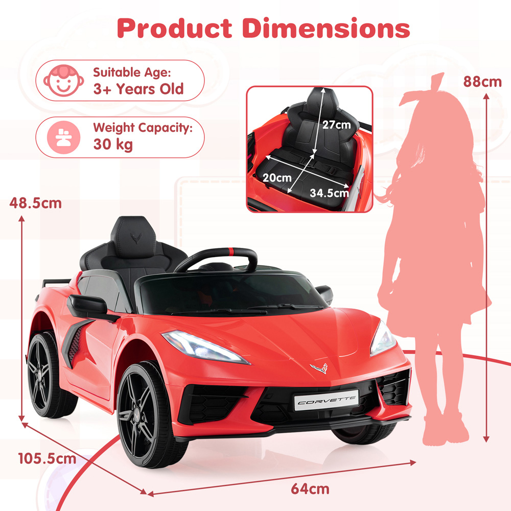 Costway Kids Red Licensed Chevrolet Corvette C8 Electric Ride On Car with Remote Control 12V Image 8