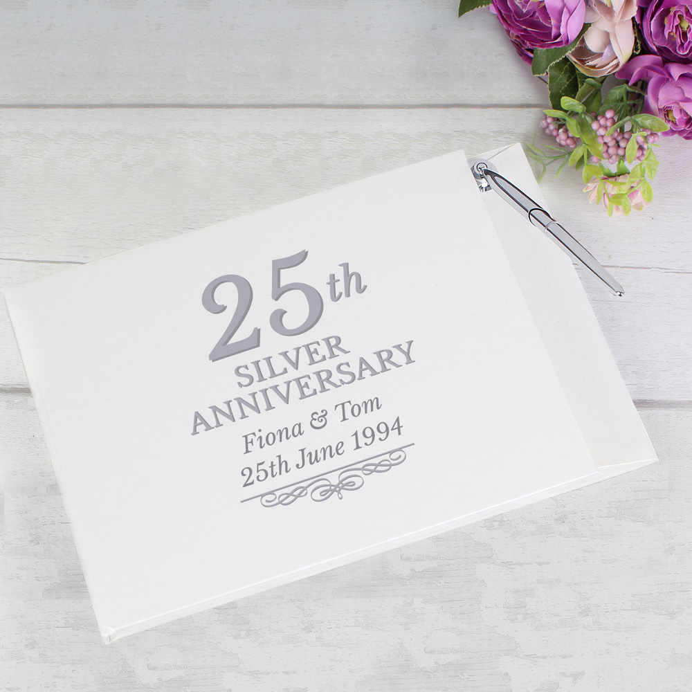Personalised Memento Personalised 25th Silver Anniversary Hardback Guest Book and Pen Image 2
