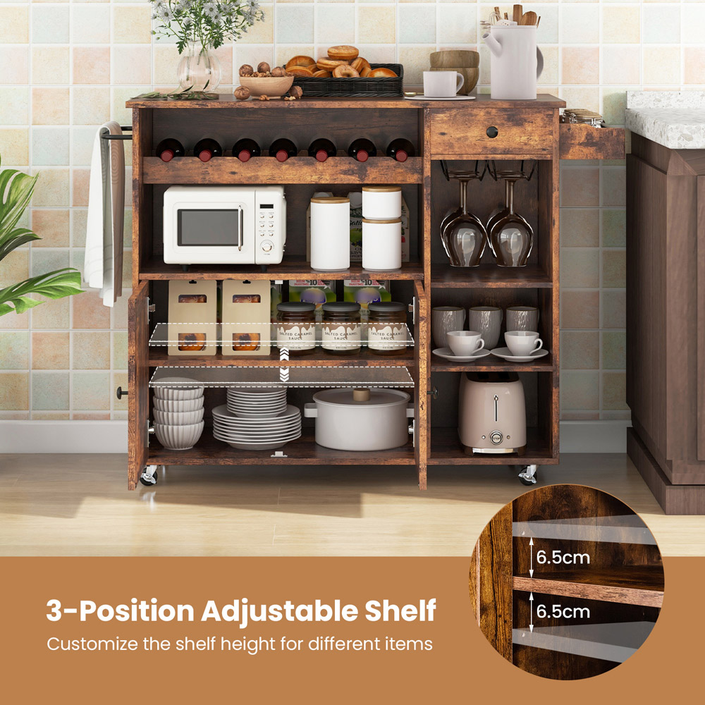 Costway Rustic Brown Drop Leaf Kitchen Island Trolley Image 6