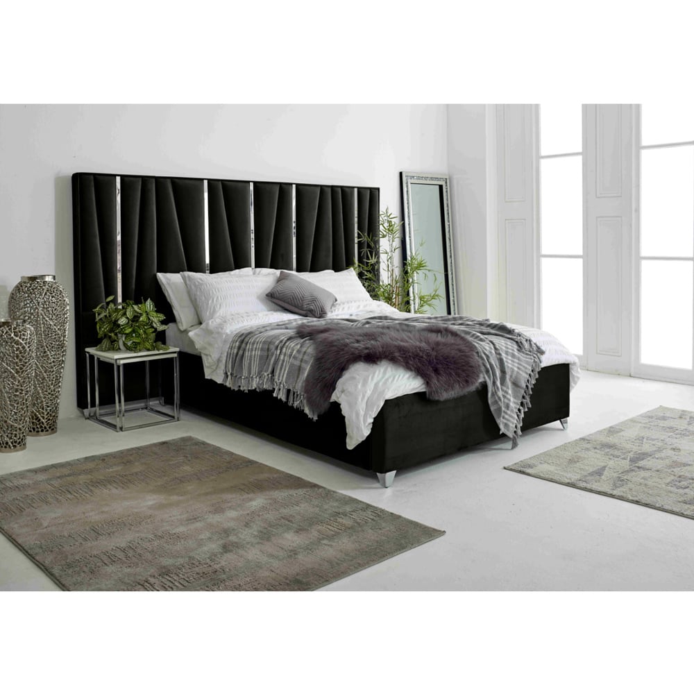 Eleganza Mila Small Double Black Plush Velvet Bed Frame with Lined Headboard Image 9