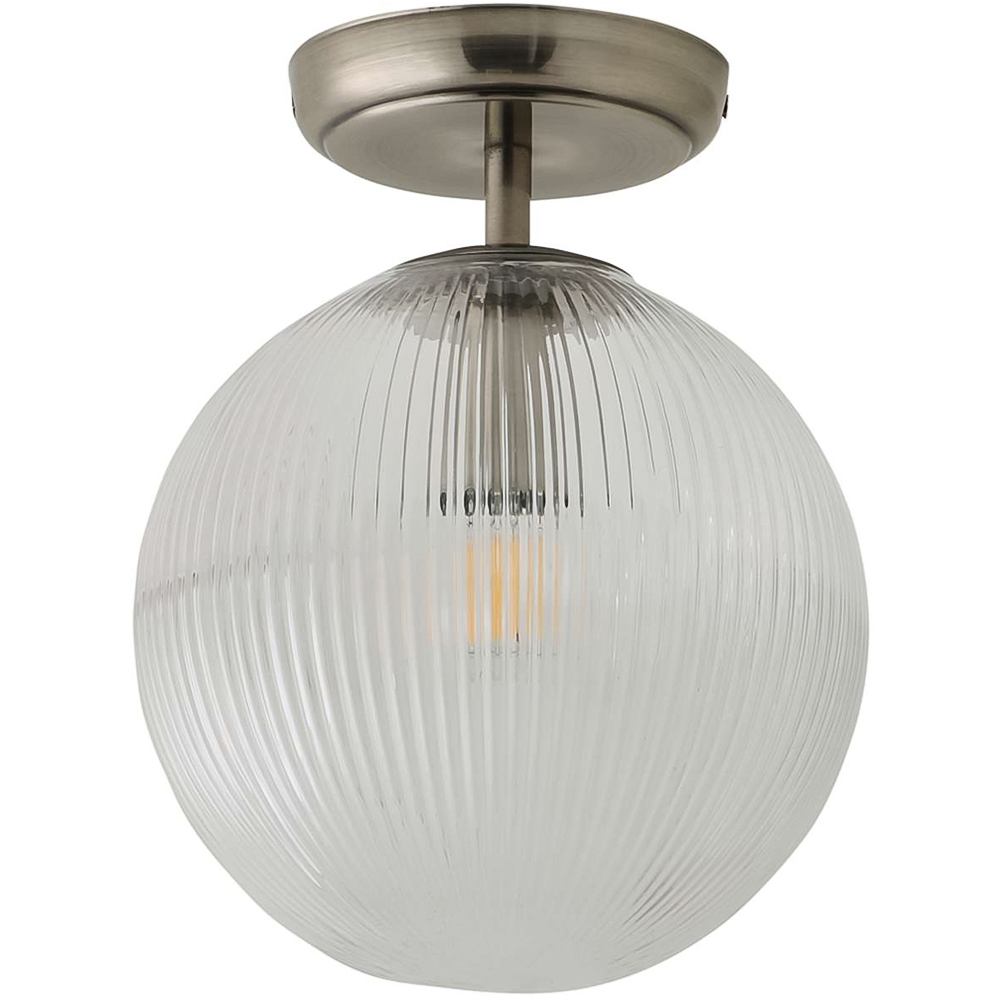 ValueLights Kempton Brushed Chrome Ribbed Globe Shade Flush Ceiling Light with Bulb Image 1