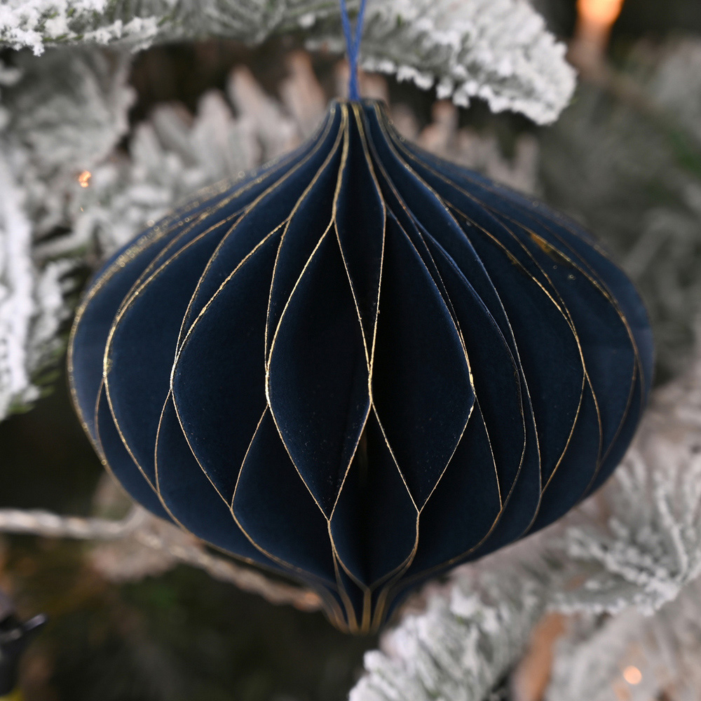 The Seasonal Gift Co Dark Blue Paper Onion Shaped Bauble with Gold Edge 3 Pack Image 2