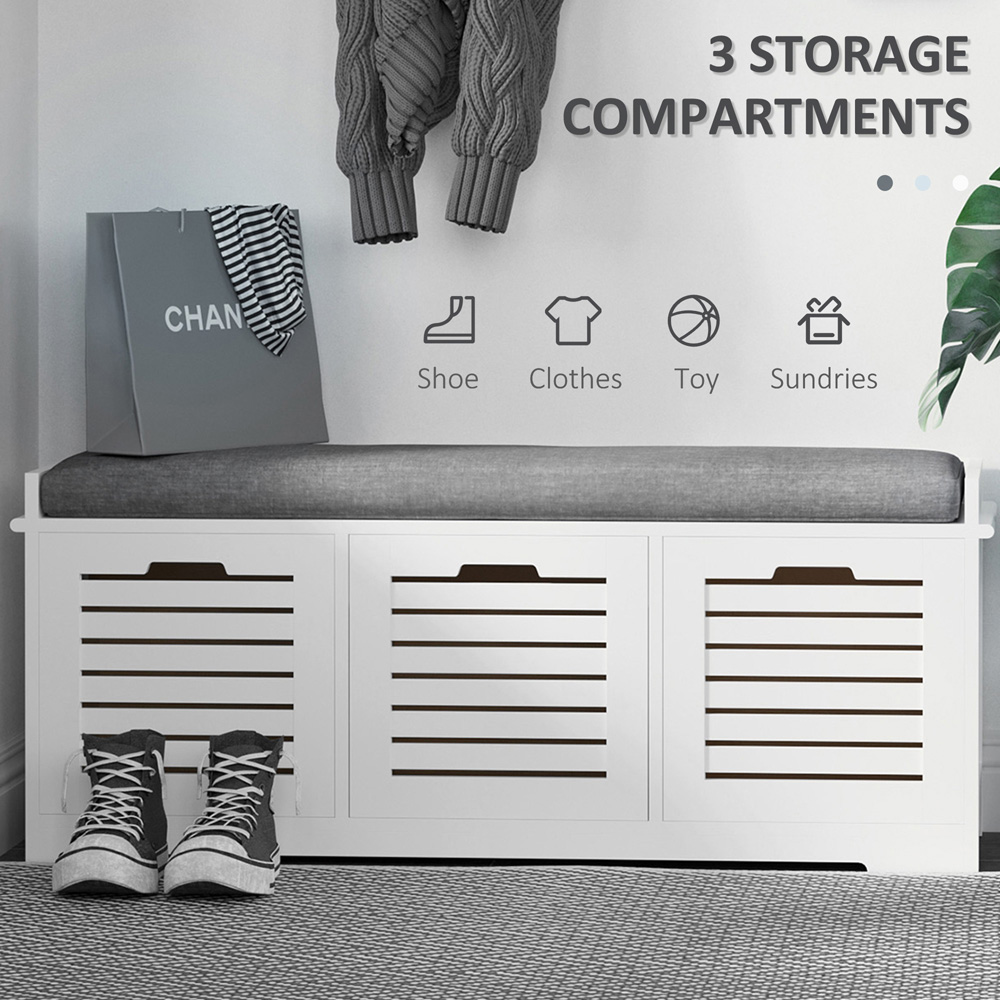 HOMCOM 3 Door White Slatted Shoe Storage Bench Image 7