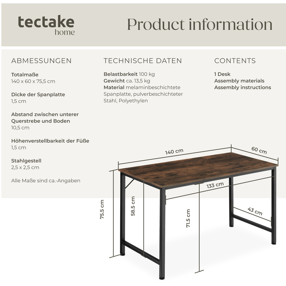 tectake Jenkins Dark Wood Office Desk 140 x 60 x 75.5cm Image 8