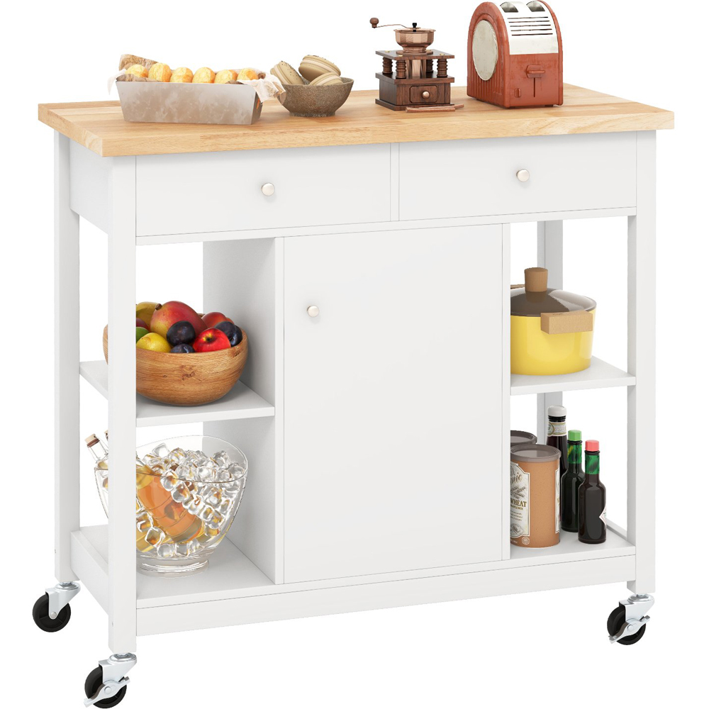 Costway White Rolling Kitchen Island Cart with Rubber Wood Top Image 1