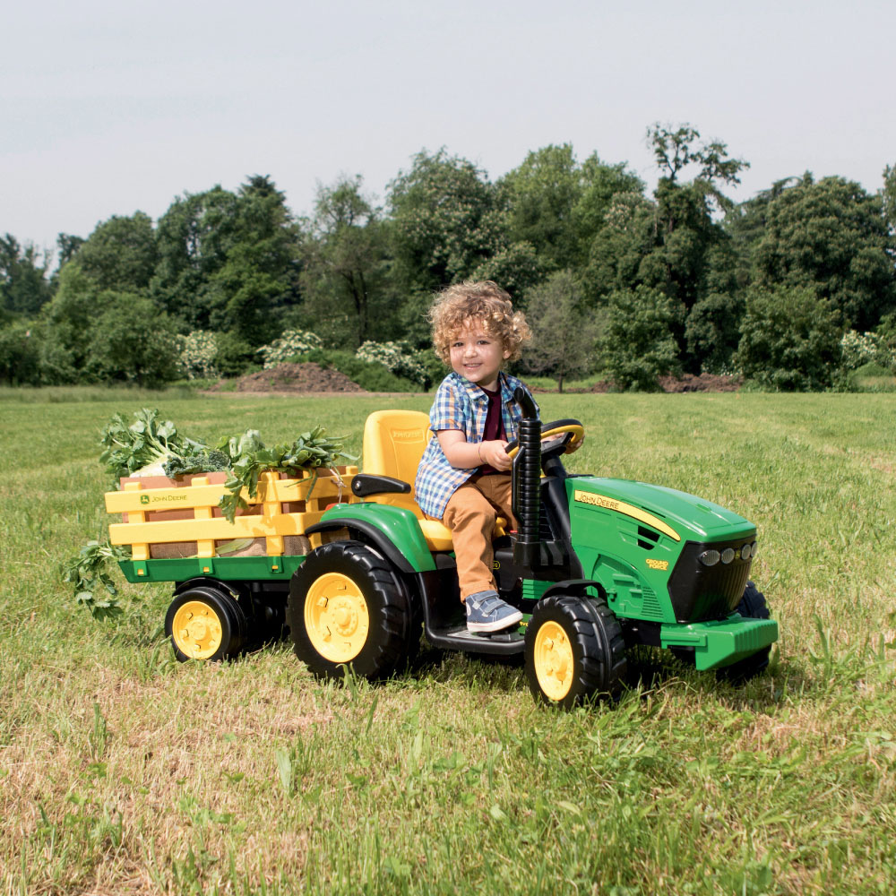PEG John Deere Ground Force Kids Electric Ride-On Tractor with Trailer Green and Yellow 12V Image 2