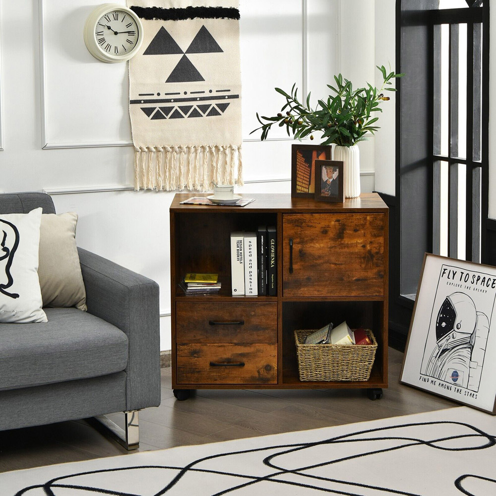 Costway 2 Drawer 2 Shelf Rustic Brown Bookcase Image 3