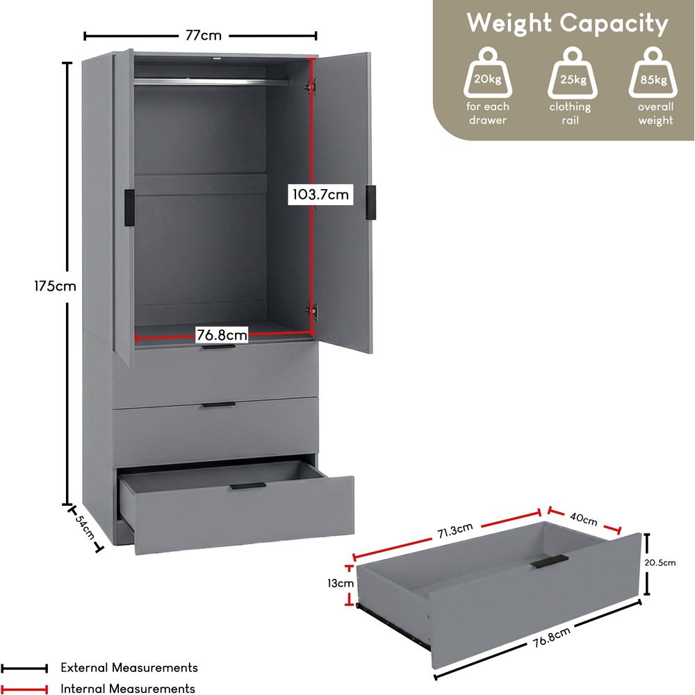 VIDA DESIGNS Trega 2 Door 3 Drawer Grey Wardrobe Image 9