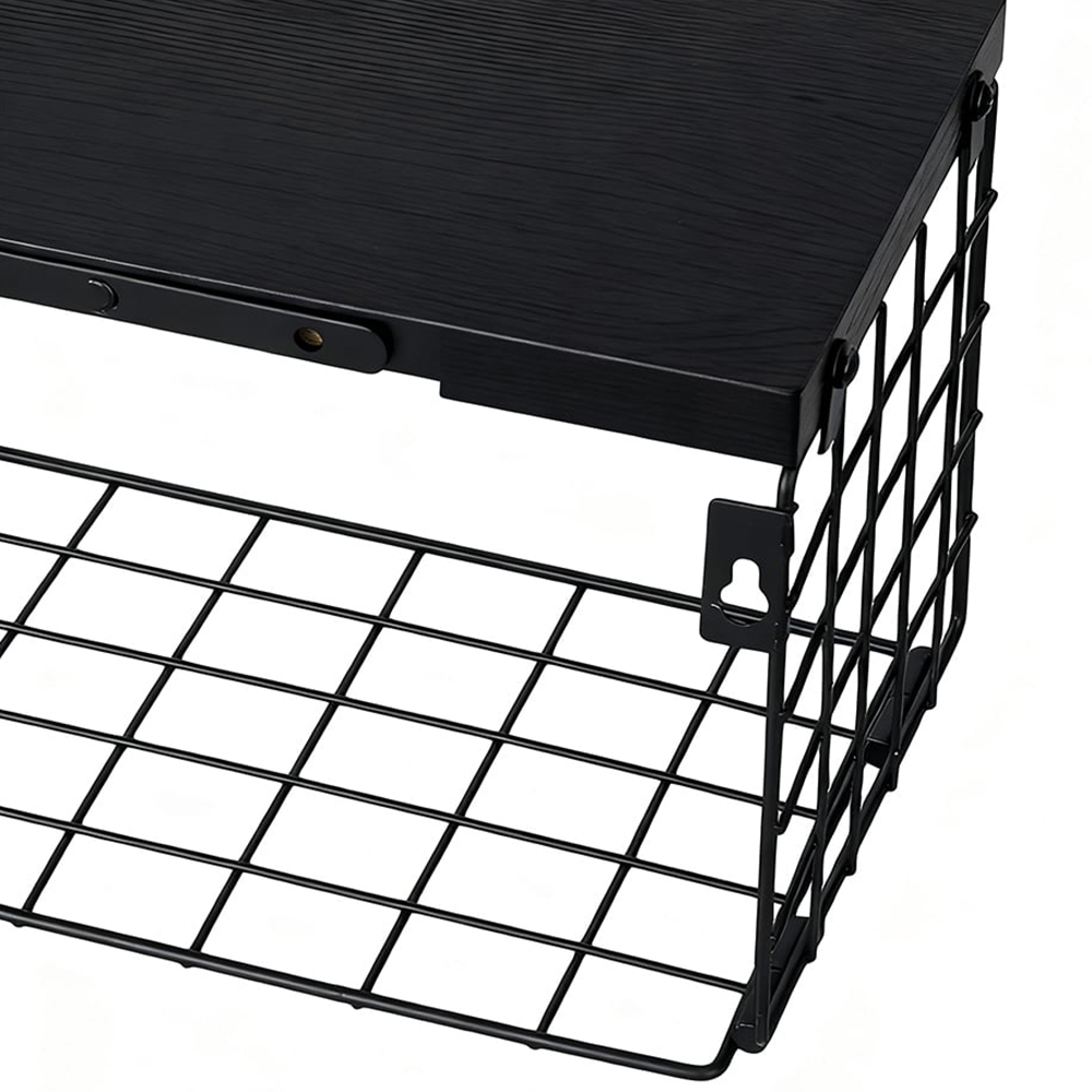 Living and Home Black 2-Tier Wall-Mounted Floating Shelf with Wire Basket Image 6