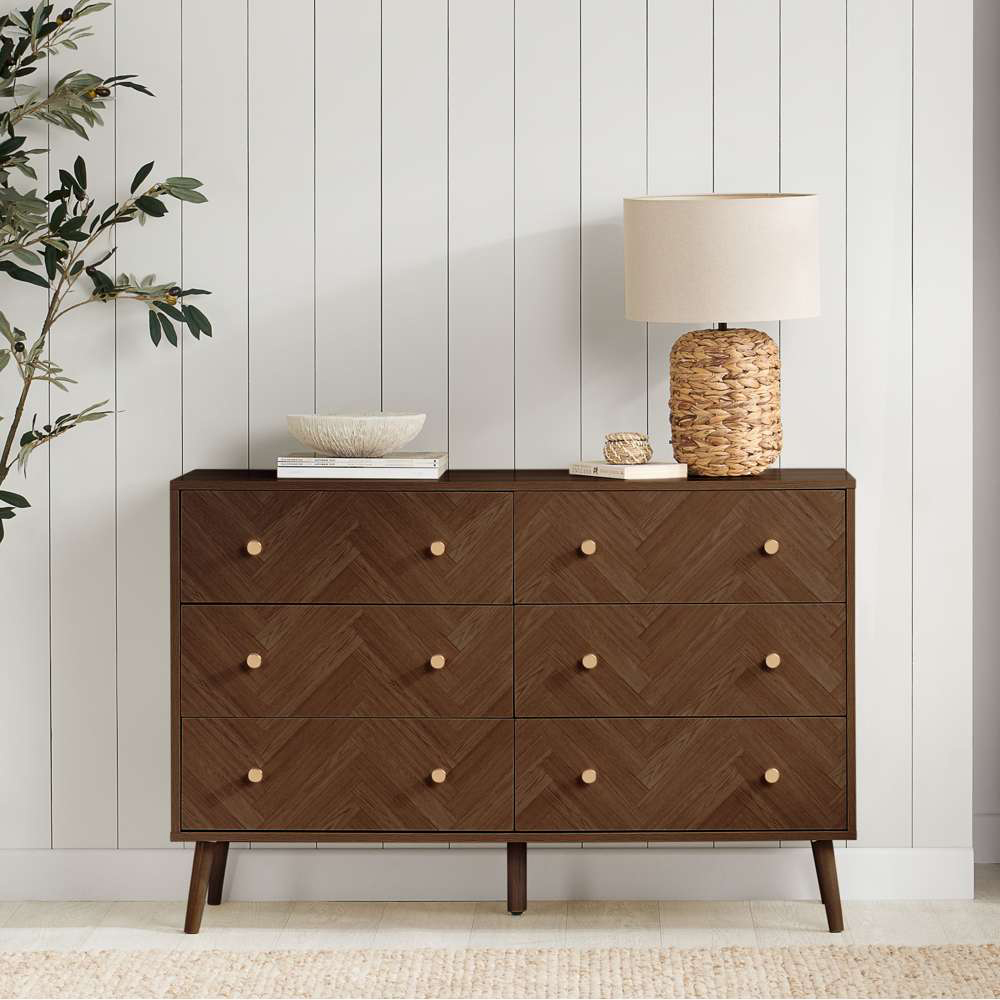 Herringford 6 Drawer Walnut Chevron Chest of Drawers Image 7