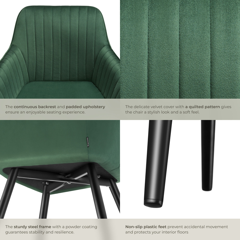 Tectake Marilyn Dark Green and Black Velvet Quilted Dining Chair Image 6