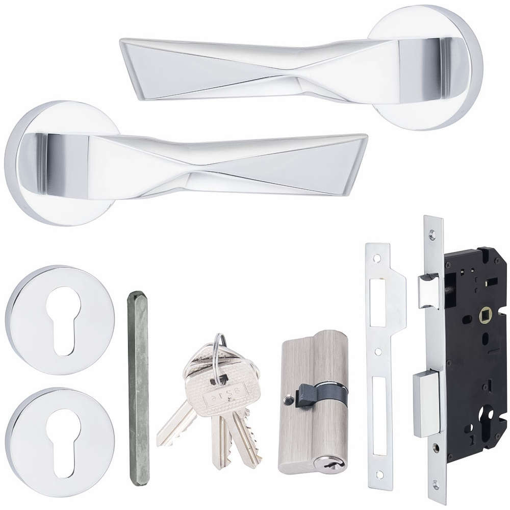 Golden Grace Modern Aura Polished Chrome Euro Lock Door Handles Set Image 1