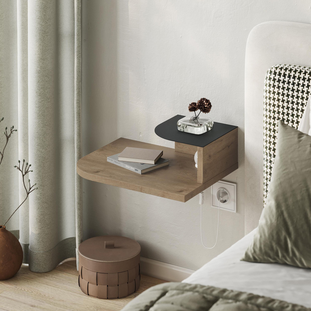 Decortie Luno 2-Tier Natural Oak Wall Mounted Bedside Table with Night Light Image 6