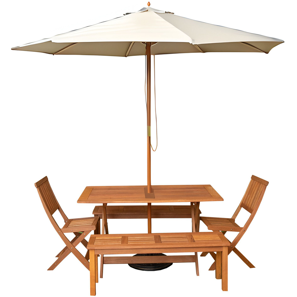 Samuel Alexander 6 Seater Wooden Rectangular Dining Bench Set with Cream Parasol and Base Image 2