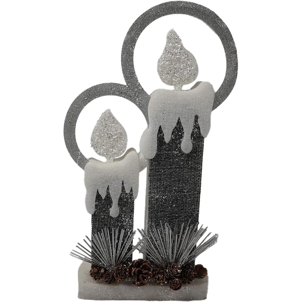 Shatchi Grey Glitter Foam Snow Covered Pre Lit Twin Candles Christmas Decoration 51cm Image 1