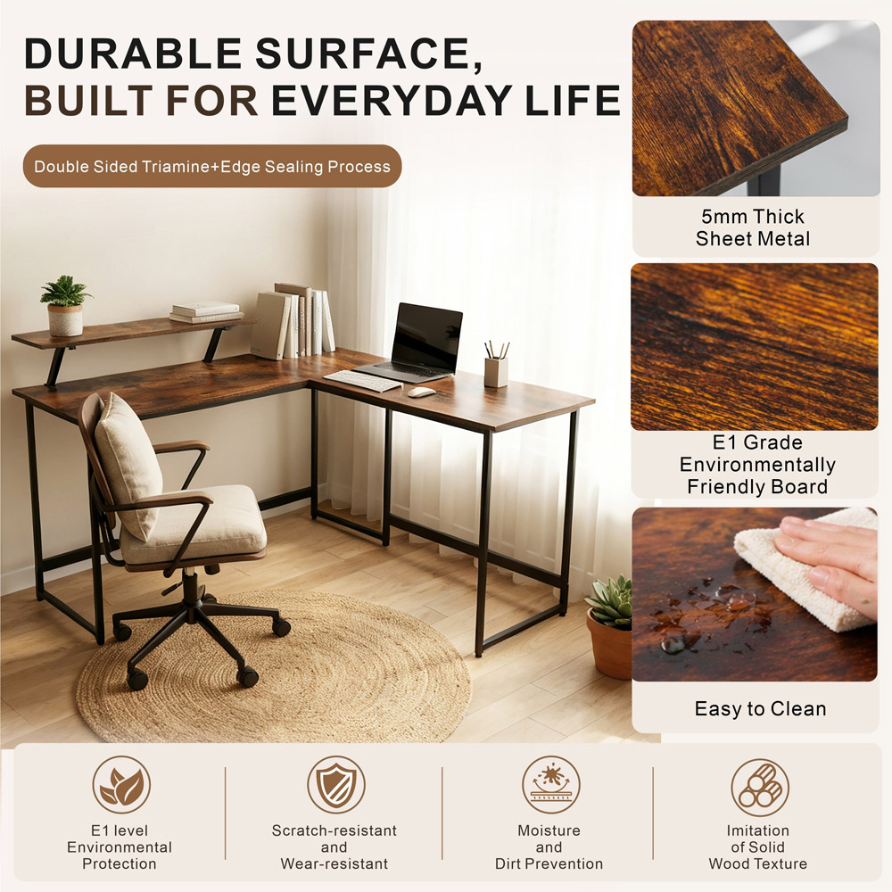 Abrihome Single Shelf Industrial Style L-Shaped Corner Computer Desk Brown Image 5