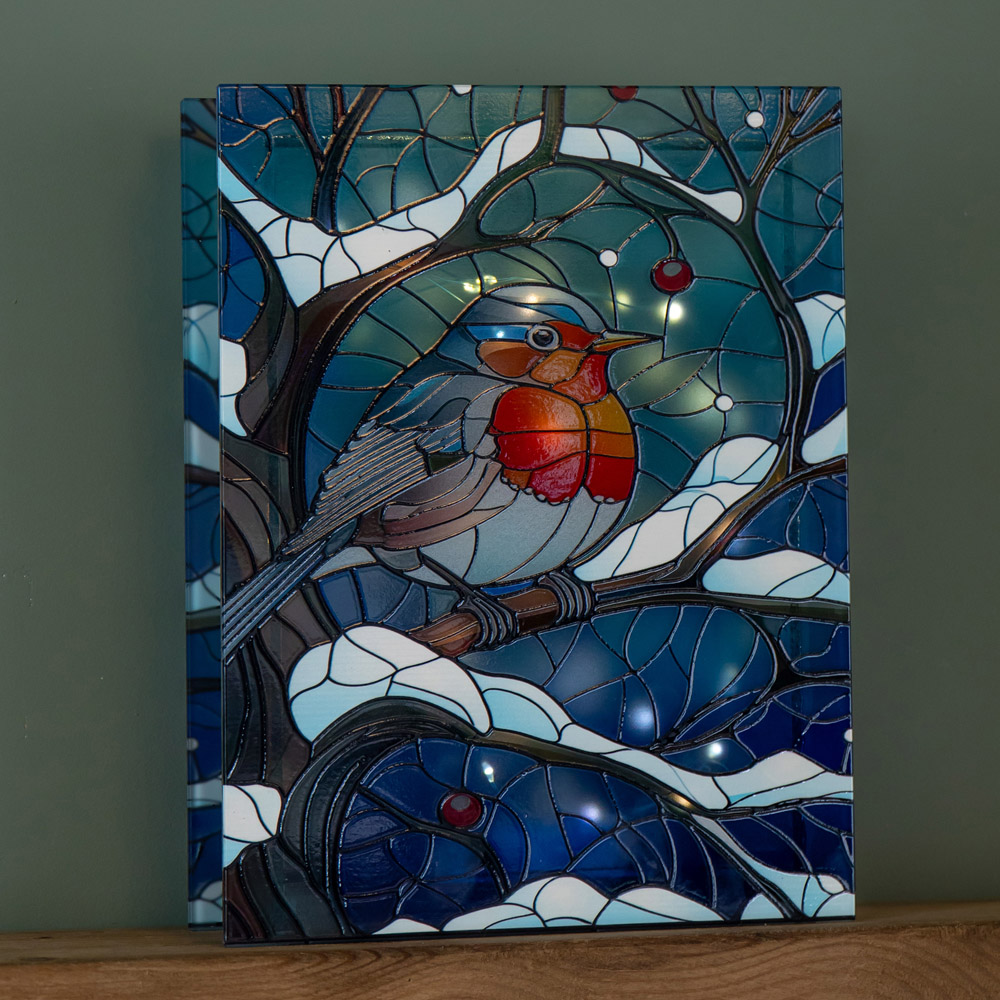 Samuel Alexander Warm White LED Robin on Branch Stained Glass Christmas Decoration 28cm Image 1