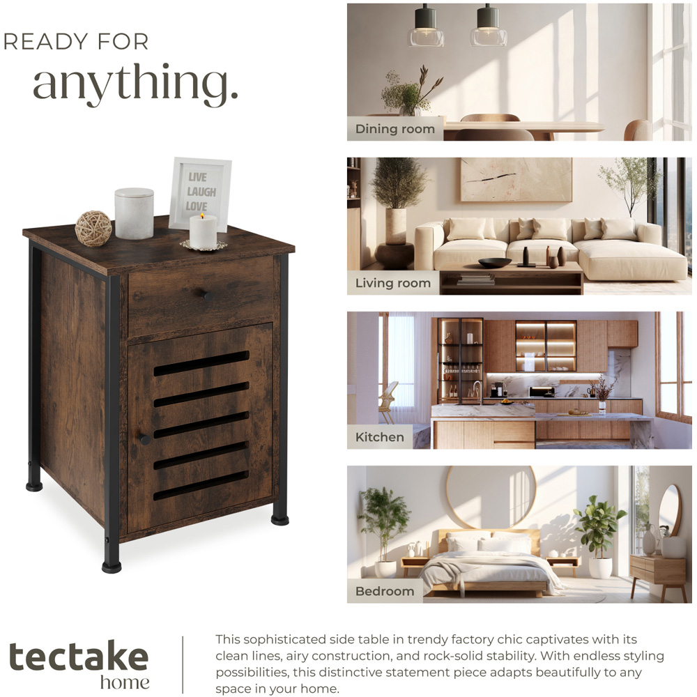 Tectake Waterford Single Door Single Drawer Rustic Dark Wood Bedside Table Image 7