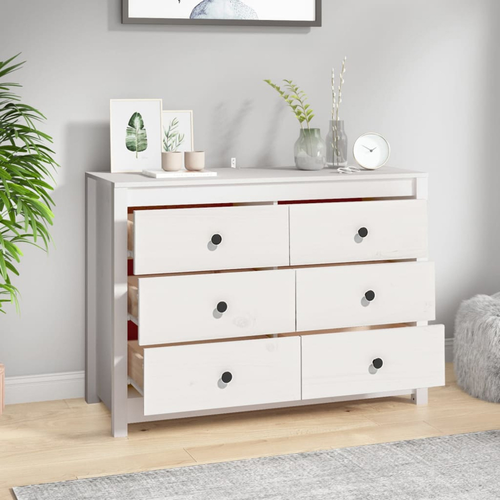 vidaXL 6 Drawer White Solid Pine Wood Sideboard Image 8