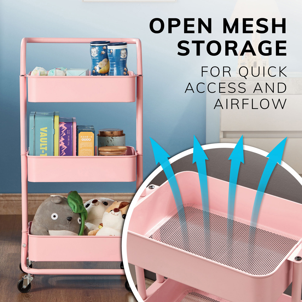 House of Home 3 Tier Pink Storage Cart with Wheels Image 4