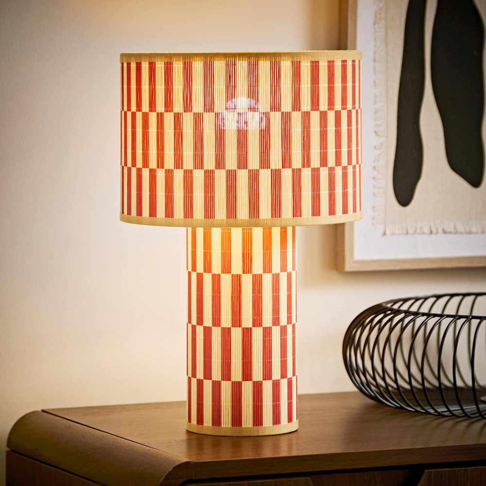 ValueLights Lori Orange Checkerboard Print Bamboo Table Lamp with Bulb Image 5
