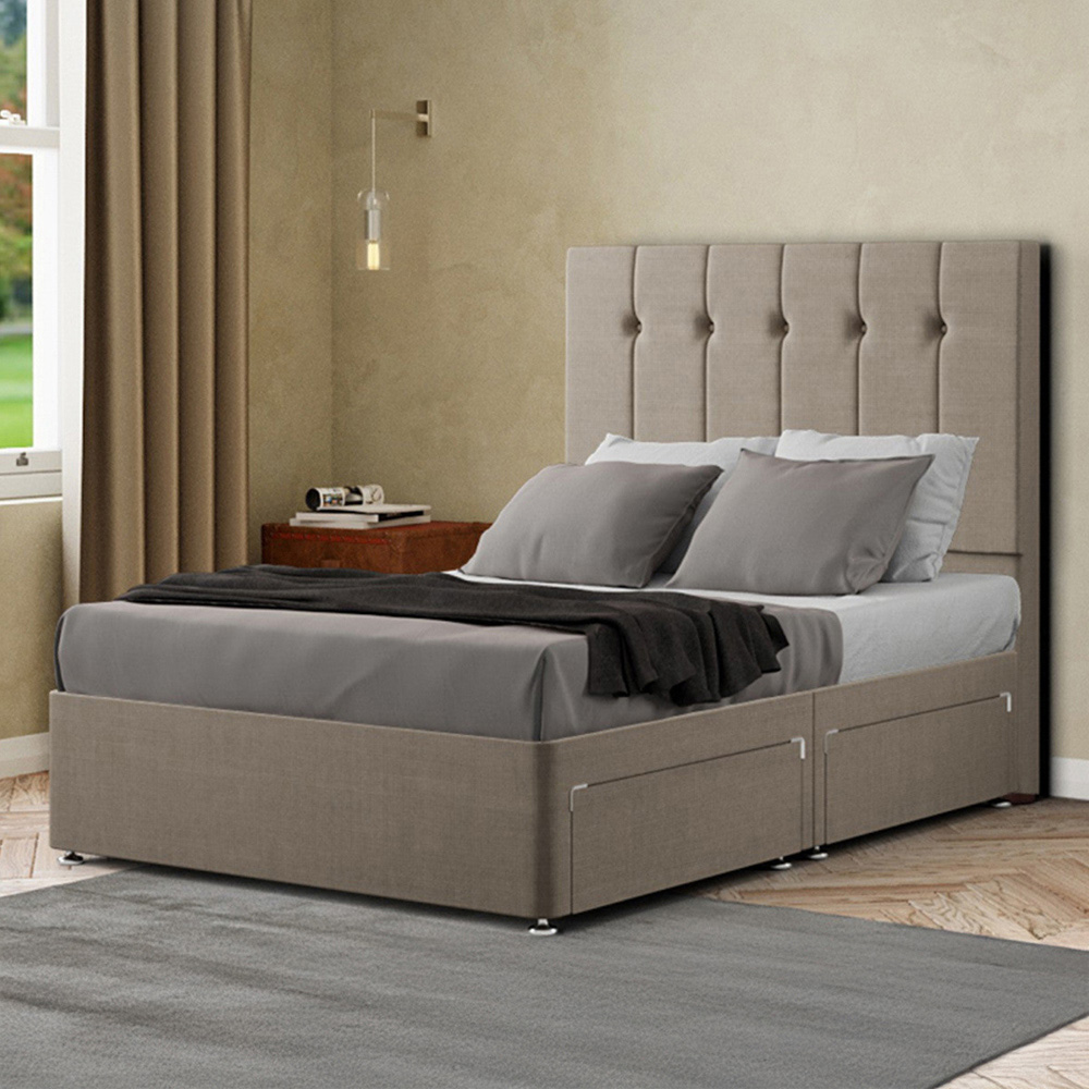 Portland Highland King Size Beige Linen Divan Bed with 2 Drawers and Headboard Image 1
