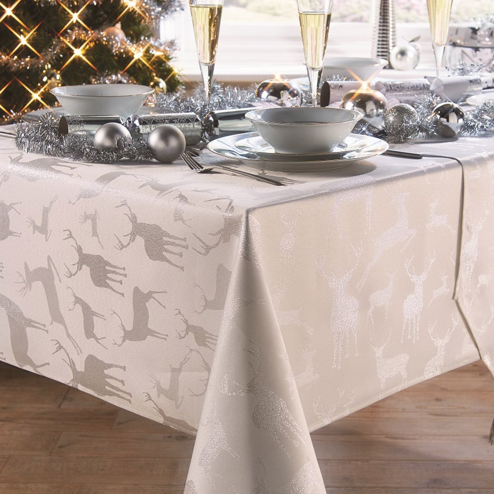 Christmas Story White and Silver Stag Tablecloth 130 x 200cm Image 2