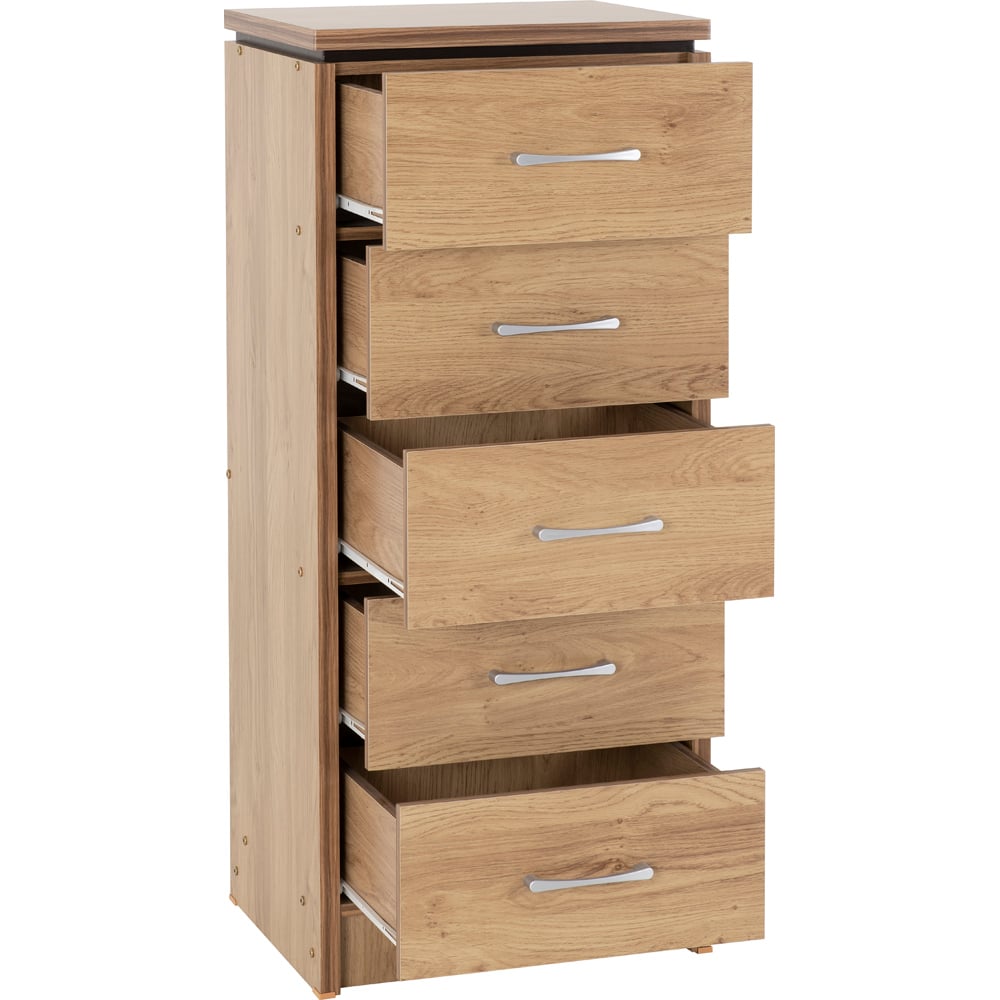 Seconique Charles 5 Drawer Oak Effect Veneer Narrow Chest of Drawers Image 5