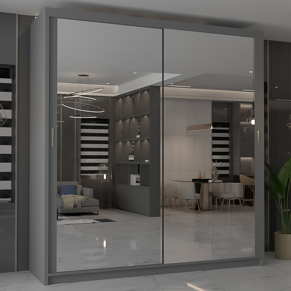 M N Furniture Modern Gala 2 Door Grey Mirrored Sliding Wardrobe 203cm Image 1