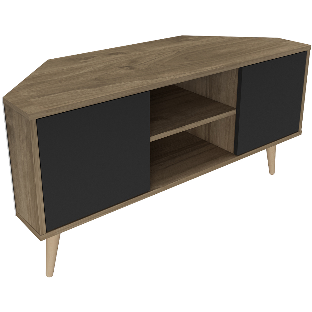 Decorotika Lesson 2 Door 2 Shelf Walnut and Black Corner TV Stand Image 2