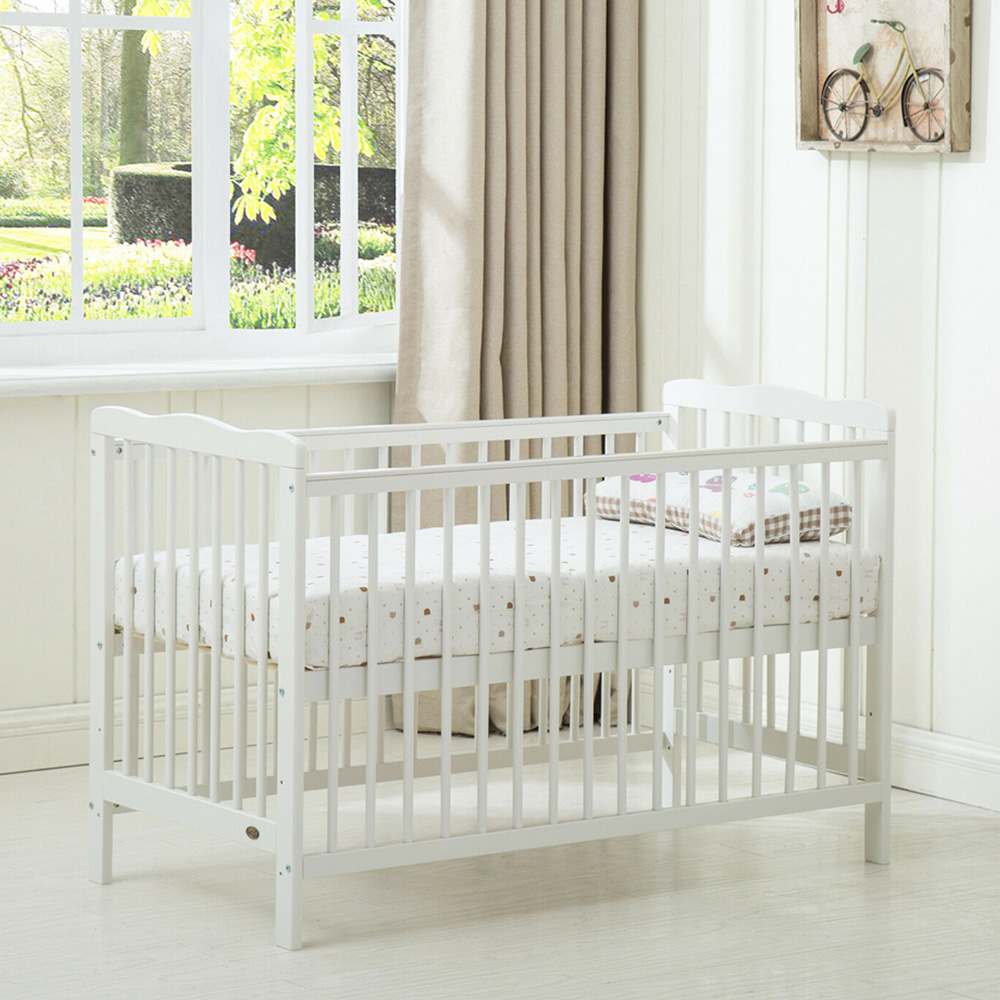 wilko Brooklyn White Height Adjustable Wooden Baby Cot Crib with Mattress Image 3