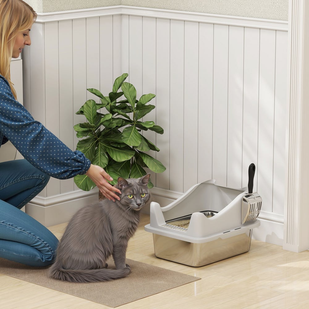 PawHut 43 x 33 x 25cm Stainless Steel Cat Litter Box with High Sides Image 2