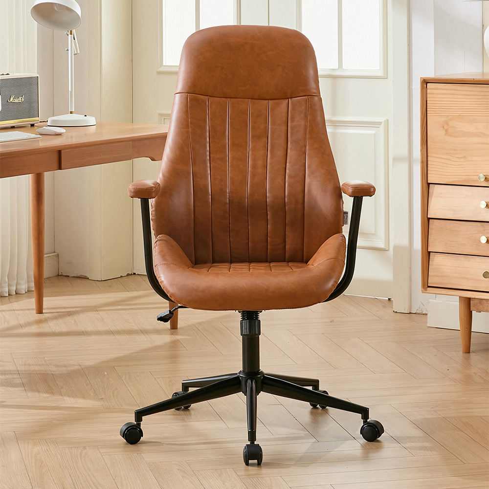 Living and Home Brown PU Leather Vertical Stitching Height Adjustable High-Back Swivel Office Chair Image 7