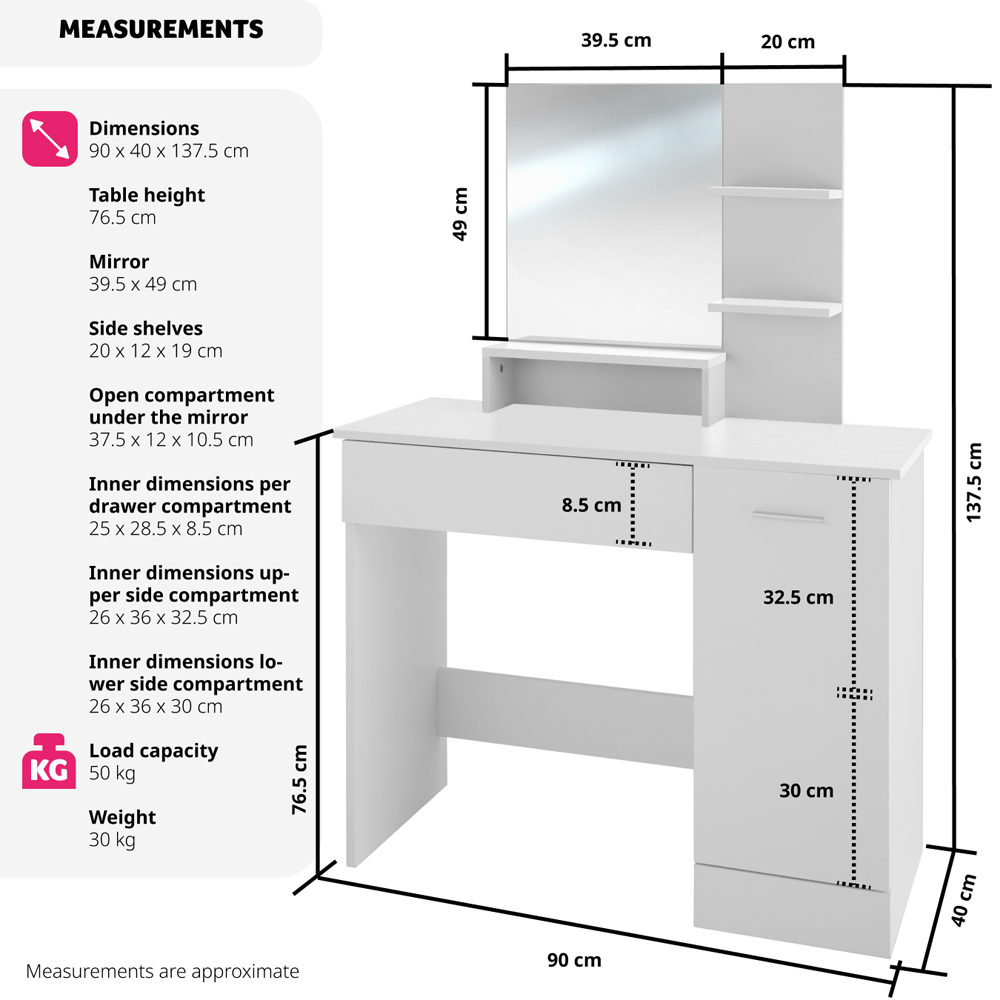 tectake Zoe Single Door Single Drawer White Dressing Table with Mirror Image 9