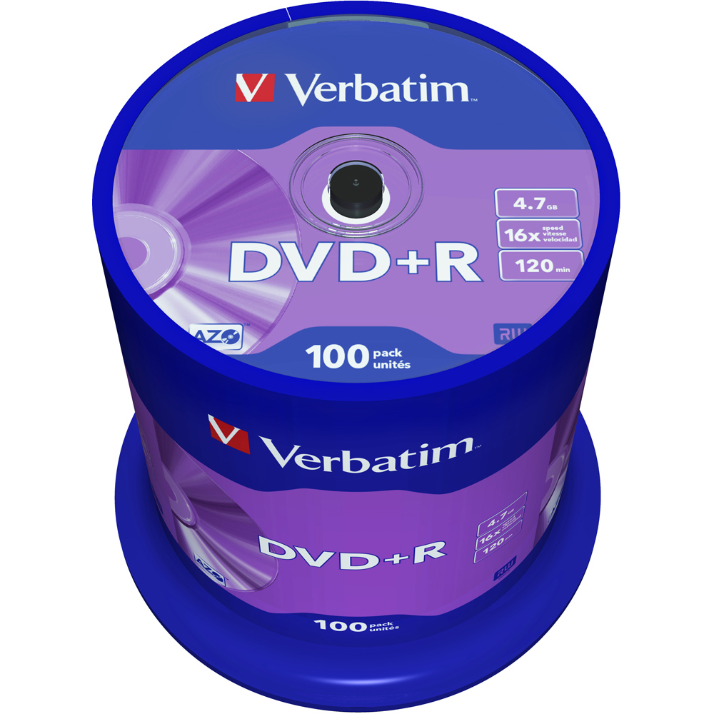Verbatim 4.7 GB 16X AZO Printable DVD+R 100 Pack Spindle Image 1