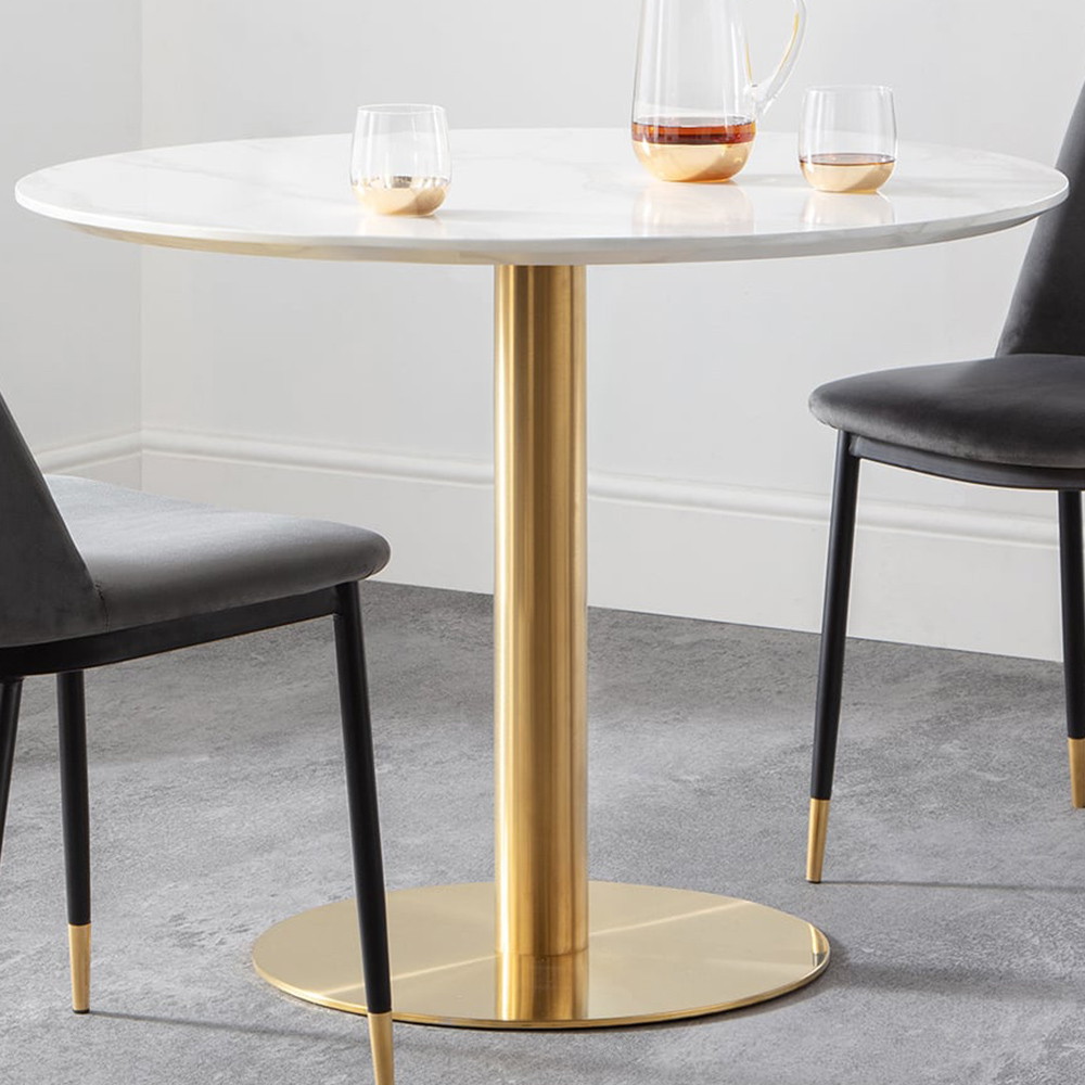 Julian Bowen Palermo 4 Seater Round Pedestal Table White Marble and Gold Image 1