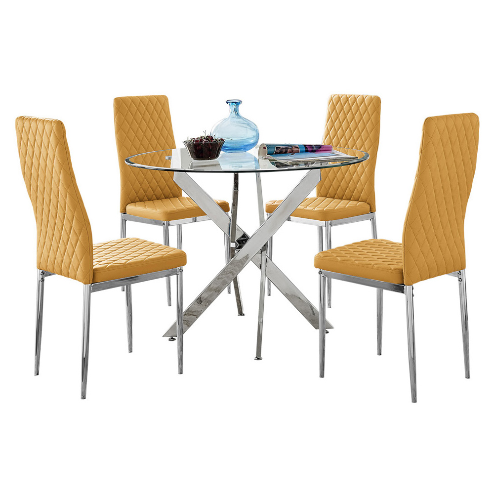 Furniturebox Arona Valera 4 Seater Round Dining Set Mustard Yellow and Chrome Image 2