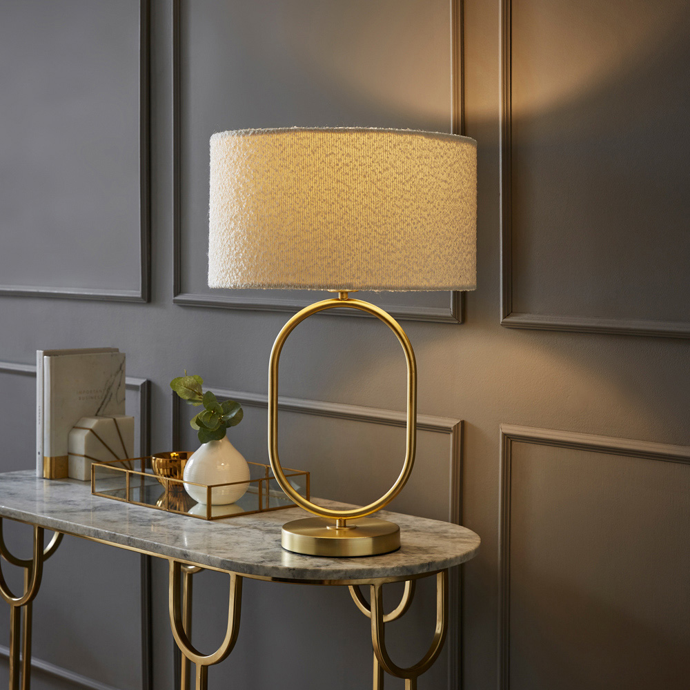 ValueLights Antonia Cream Boucle Drum Shade Brushed Gold Oval LED Table Lamp Image 2