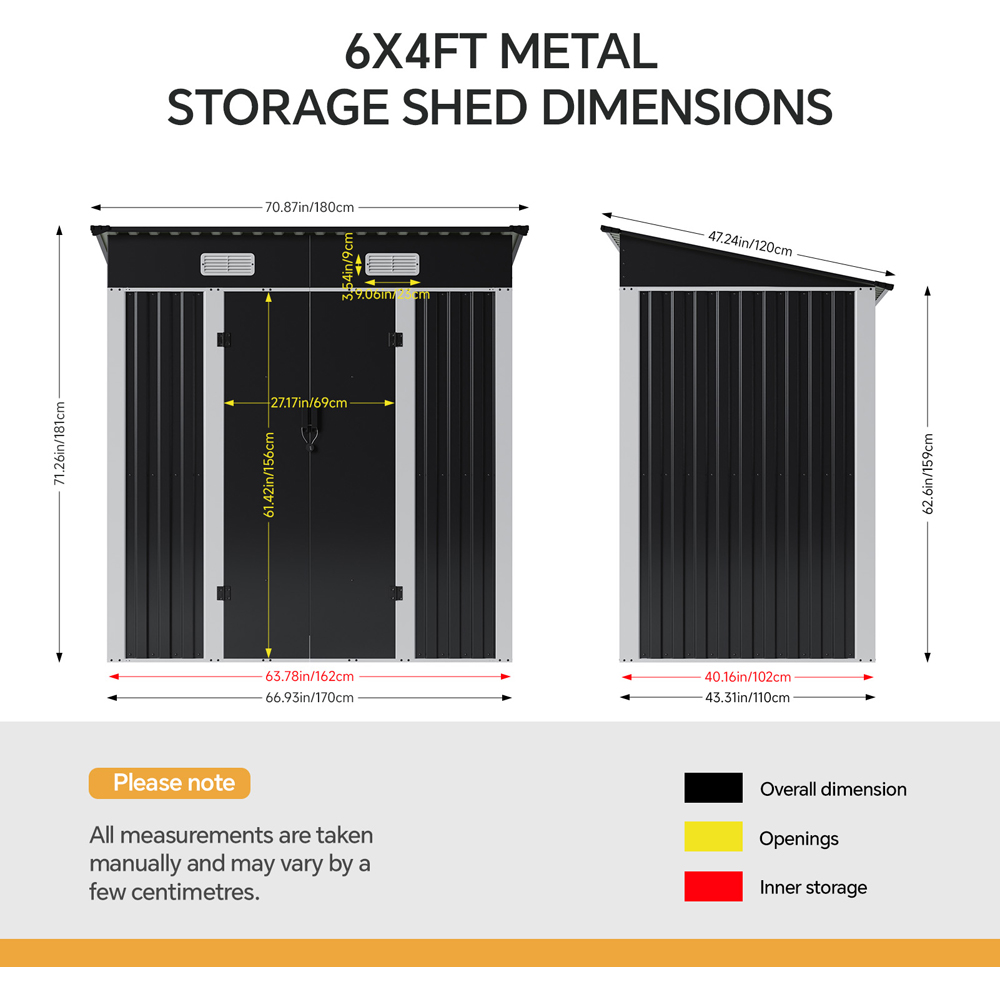 Living and Home 6 x 4ft Black Pent Quick Assembly Metal Garden Storage Shed Image 8