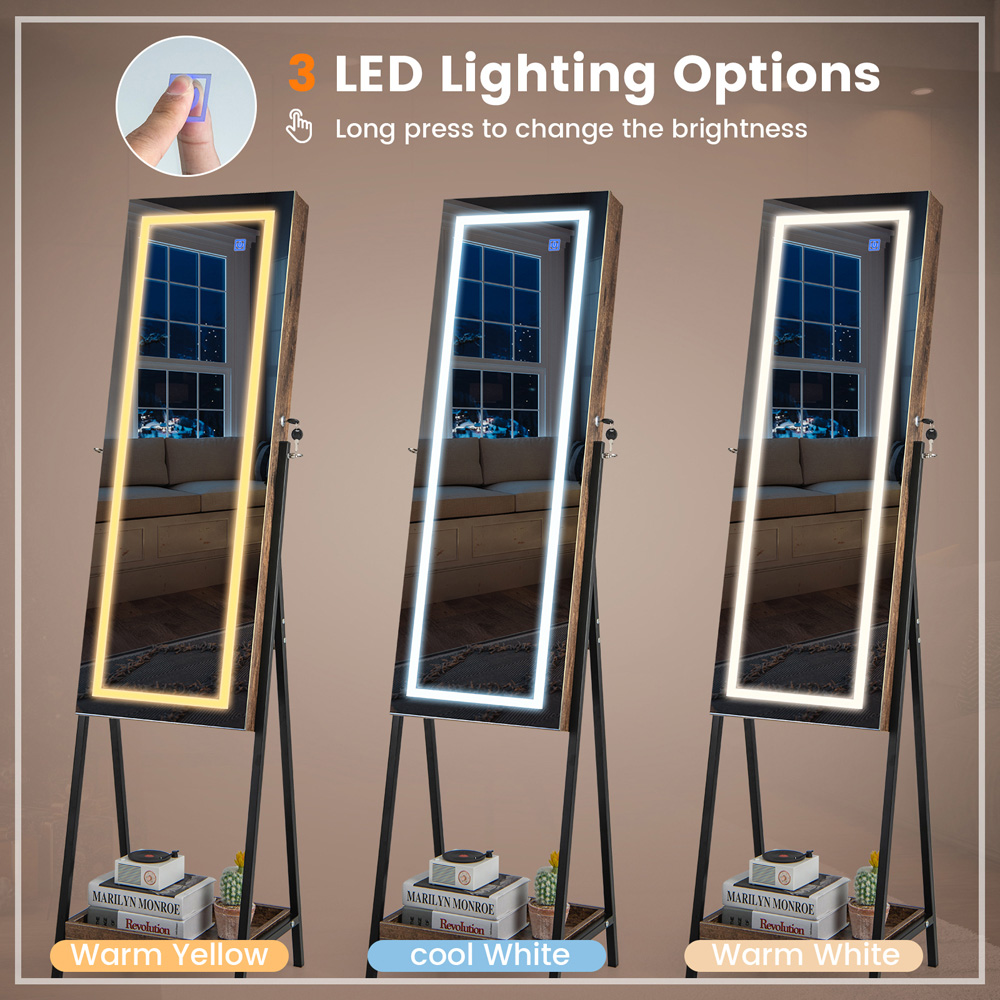 Costway Brown LED Full Length Mirror Jewellery Cabinet Image 8