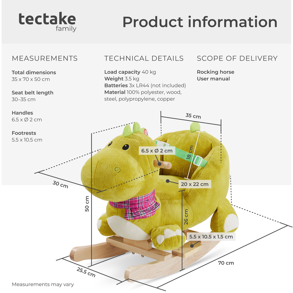tectake Kids Green Dinosaur Plush Cover Wooden Rocking Horse Image 7