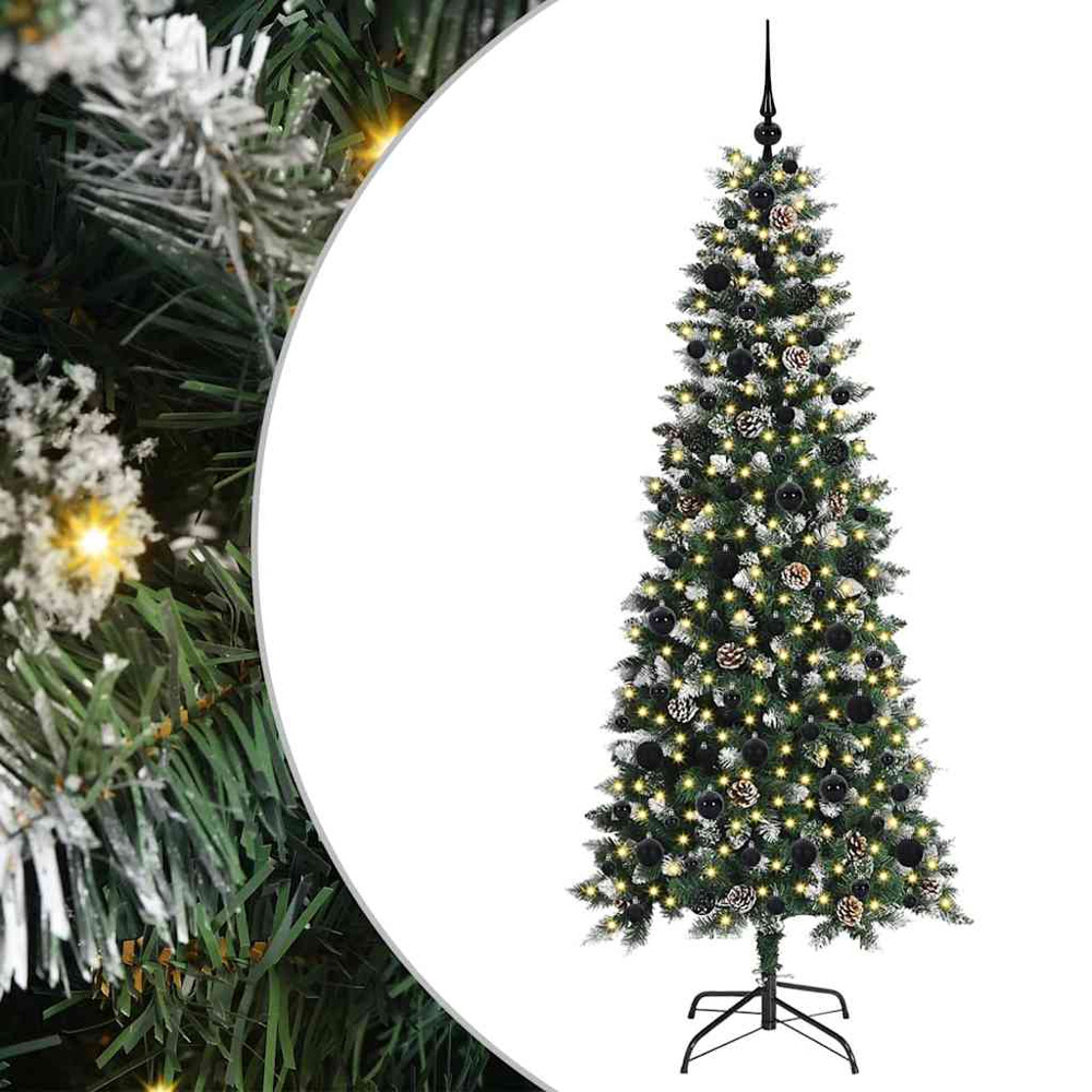 vidaXL Pre-Lit Black Baubles Green Artificial Snow Tipped Christmas Tree 6ft Image 2