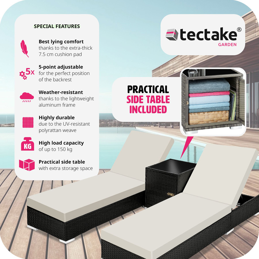 tectake Set of 2 Black Aluminium Sun Lounger with Rain Cover Image 3