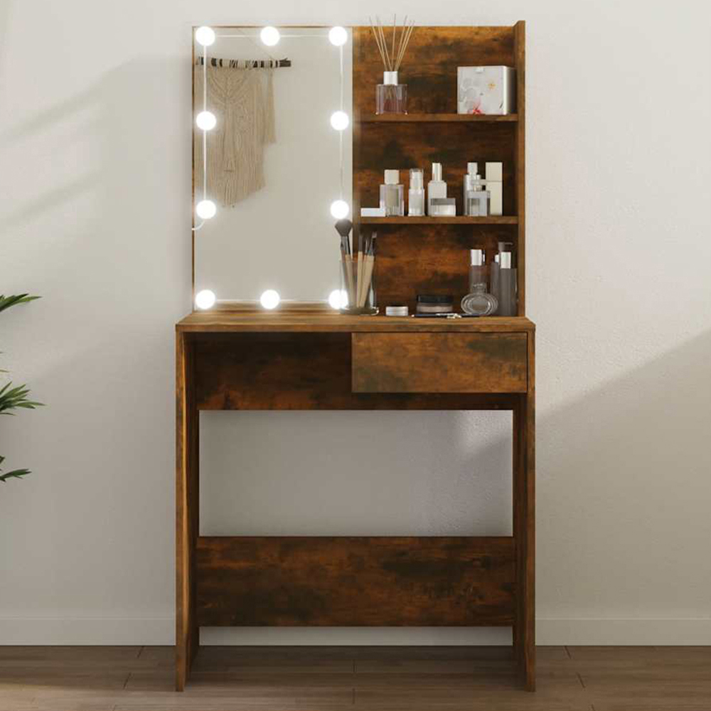 vidaXL Single Drawer 2 Shelf Smoked Oak Dressing Table with LED Mirror Image 1