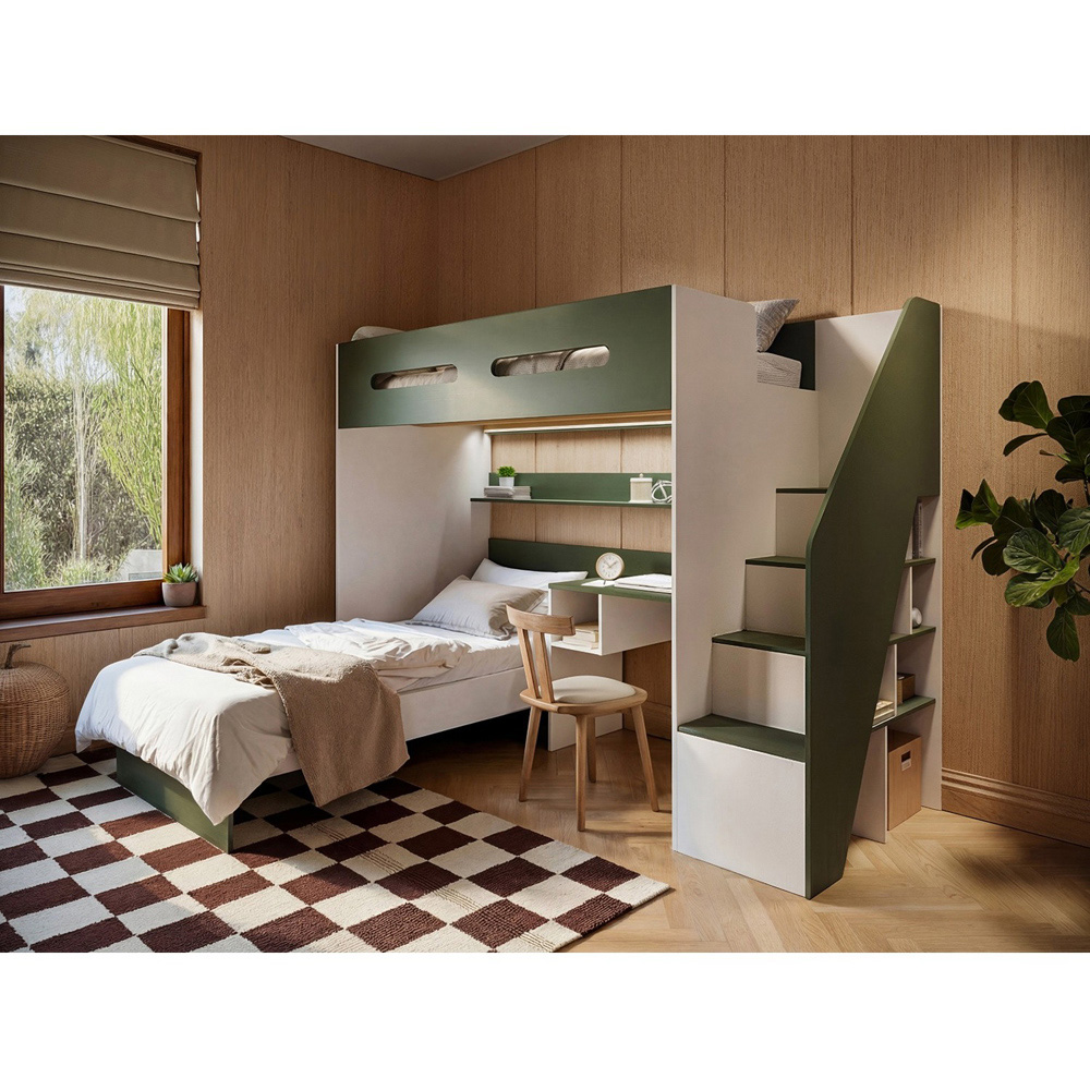 Flair Alpha Beige and Green LED Bunk Bed with Desk Image 4